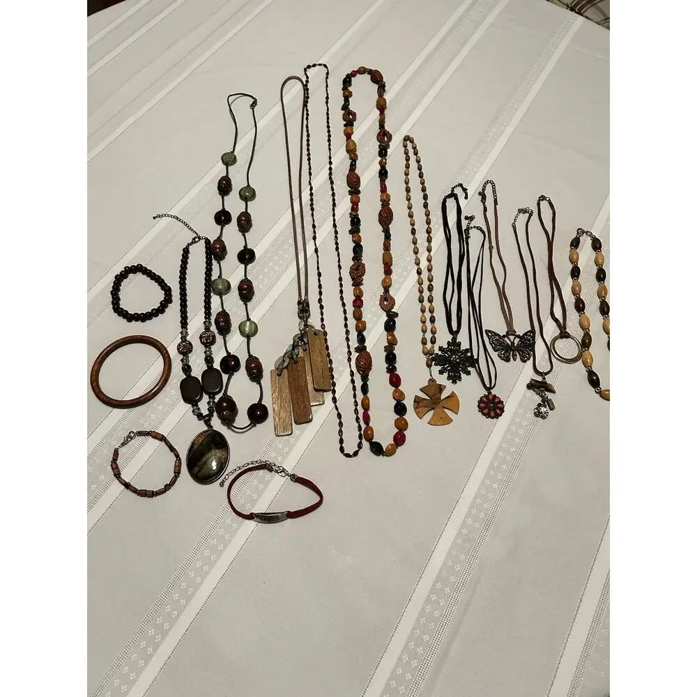Vintage Nature Mixed Lot 16Pc Wood Leather Seed Bead Necklace Bracelet Lot